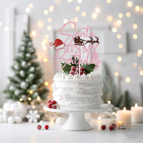 Pink Glitter Santa It's My Birthday Cake Topper, Merry Birthday Christmas Decor, Winter New Year Xmas Holiday Party Decorations Supplies