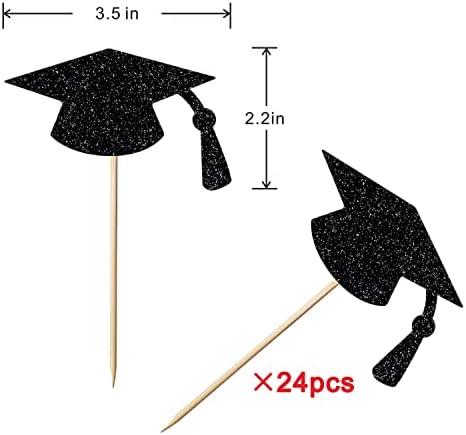 24pcs Graduation Cupcake Topper - Black Glitter Graduation Cap Graduation Diploma Cupcake Topper- Class Of 2024 Graduation Party Cake Decorations (Black Glitter)