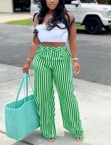 MESLIMA Women's Casual High Waist Trousers Fashion Striped Print Summer Loose Wide Leg Pants with Pockets