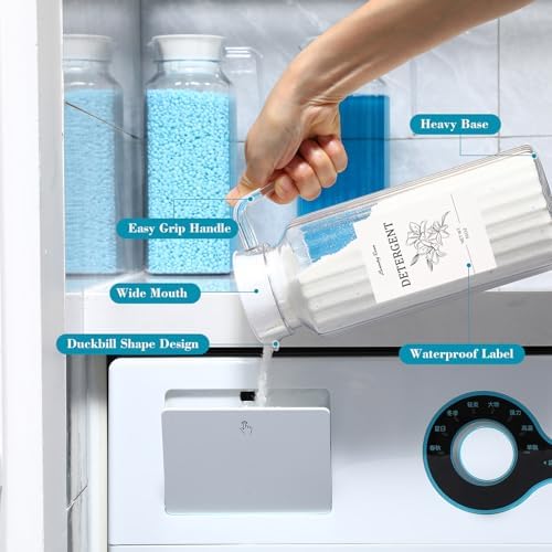 3 Pcs 50 oz Laundry Detergent Dispenser Fabric Softener Dispenser with Labels Measuring Cups Soap Bleach Container Liquid Detergent Containers for Laundry Room Organization Storage
