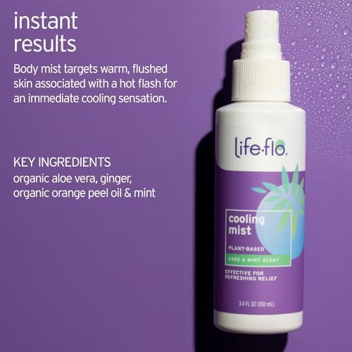LIFE-FLO Cooling Mist - Refreshing Body Mist for Women - Instantly Cools Hot Flashes with Ginger, Organic Aloe Vera and Lavender - Fresh Sage Mint Scent, 60-Day Guarantee, Not Tested on Animals, 3.4oz