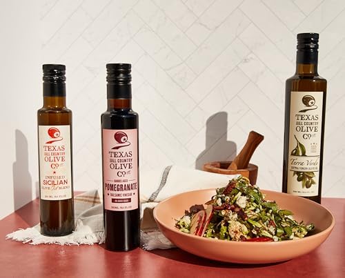 Pomegranate Balsamic Vinegar - Gourmet Barrel Aged Infused Balsamic Vinegar - Great for Dressing Dipping Glazing - No Artificial Flavors or Added Sugar - Made in Texas (8.5 oz)