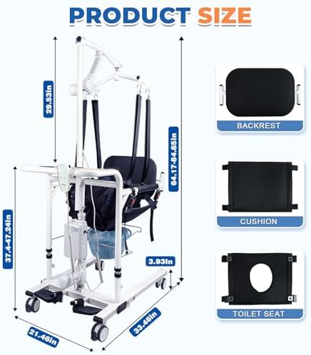 Patient Lift Transfer Chair, 5 in 1 Multifunctional with 180° Split Seat, 4 Locking Casters, Height Adjustable for Home Seniors Elderly, 440Lbs Load (Silver, Electric with Hanger)