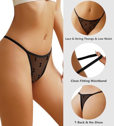 J-pone G-String Thongs for Women T-back Lace Hollow Out Low Waist Thongs Breathable Cheeky Sexy Underwear Panties 5Pack