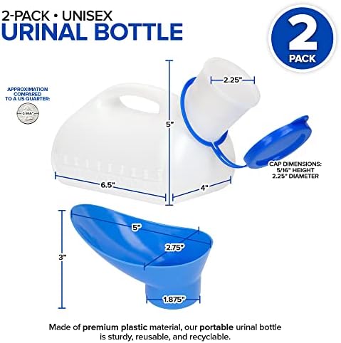 Unisex Urinal Bottle (2 Pack) - Portable Urinal for Women & Men - Female Urinal with Lid - 32 Oz Female Urination Device - Women Pee Funnel Cup for Emergency, Travel, Car & Camping - Stock Your Home