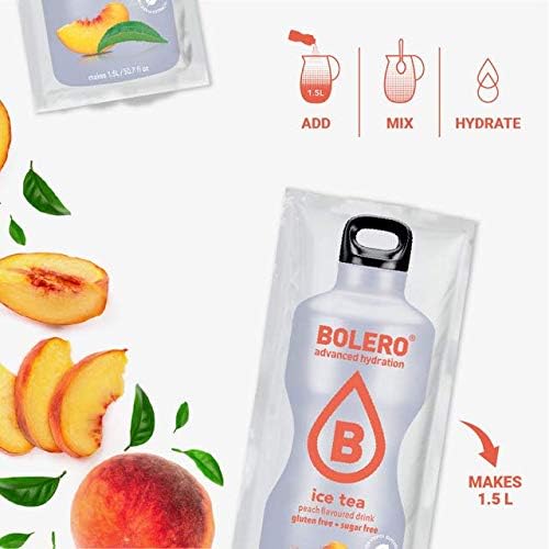 Bolero- Sugar Free Drink Mix Packets Iced Tea Peach Fruit Flavors | Powdered Flavored Water Packets | 12 Large Sachet On The Go Packets