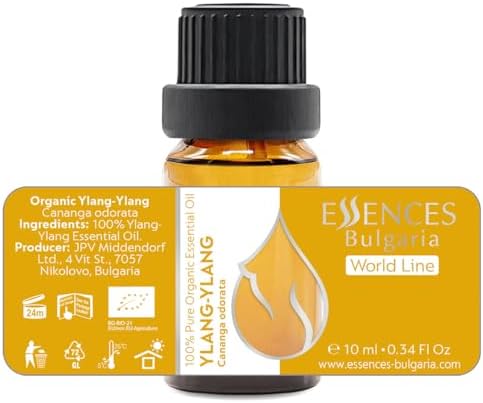 Essences Bulgaria Organic Ylang-Ylang Essential Oil 0.34 Fl Oz 10ml Cananga odorata - 100% Pure Natural Undiluted Therapeutic Grade for Aromatherapy Diffuser Candle and Soap Making Skincare Body Oil