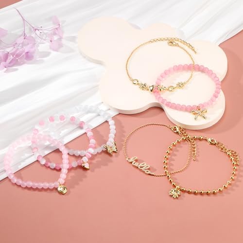 Pink Beaded Bracelet for Women 7Pcs Stackable Opal Stone Stretch Bracelets Sweet Multilayered Gold Charm Bracelets Set Love Heart Flower Clover CZ Butterfly Bow Hello Charm Jewelry Gift for Women