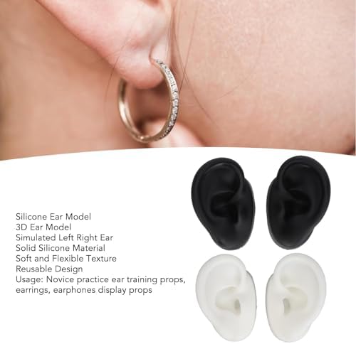 3D Silicone Ear Model, 2 Pair Ear Piercing Kit, Ear Simulated Fake Model Practice Tool Body Piercing Practice Model for Piercing Practice Teaching Jewelry Display (Black and White)