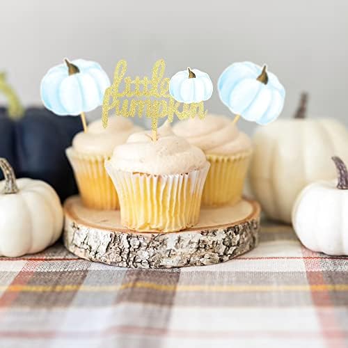 24Pcs Little Pumpkin Cupcake Toppers Baby Shower Decorations Pumpkin Birthday Supplies Cupcake Picks Pumpkin Gender Reveal Cupcake Toppers (blue)