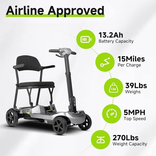 SCOOTNGO Mobility Scooters for Seniors, 4 Wheel Foldable Lightweight Airline Approved Mobility Scooter for Adults, Dual Batteries, Portable, No Assembly Needed (Silver Grey, with Folding Trailer)
