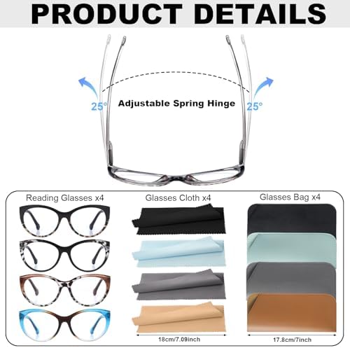 4 Pack Progressive Multifocus Reading Glasses, Anti Blue Light Cat Eye Computer Readers with Spring Hinge Eyeglasses