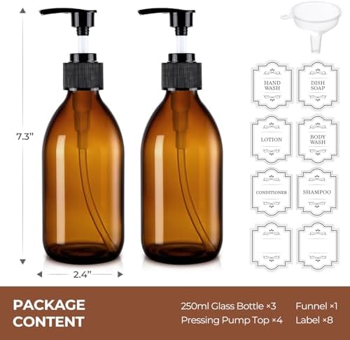 8 oz Amber Glass Soap Dispenser, 250ml Glass Pump Bottle for Body Lotion Massage Oil, Refillable Empty Hand and Dish Soap Dispensers Set with Labels - 3 Pack