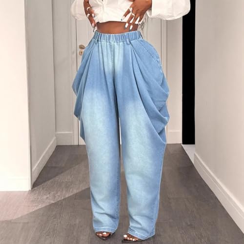 Women's Baggy Harem Jeans High Waist Loose Fit Ruched Floor Mopping Wide Leg Denim Street Hip Hop Jeans
