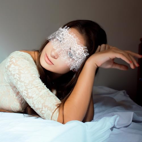 FRESHME Lace Blindfold Sleep Mask - White Flower Embroidery See-Through Blind Fold Adjustable Eyes Covers for Women Couple Bed Night Sleeping Time Gift