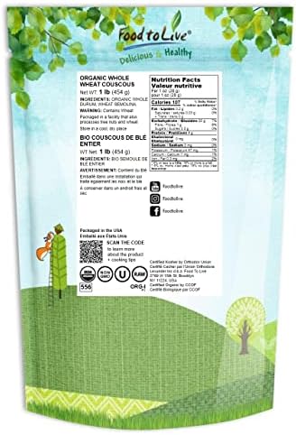 Food to Live Organic Whole Wheat Couscous, 1 Pound – Non-GMO, Kosher, Raw, Vegan, Bulk