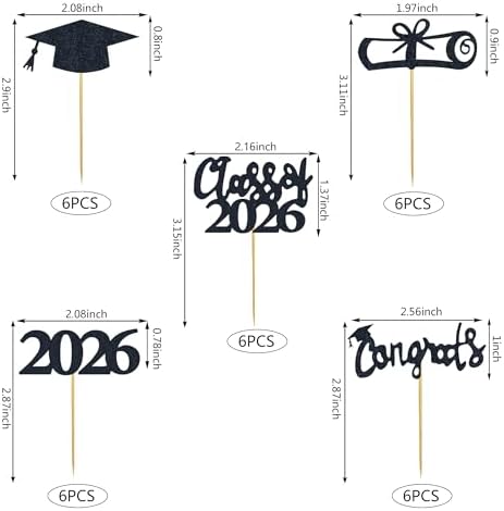 30 PCS Graduation Cupcake Toppers 2026 Diploma Grad Cap Cake Toppers Food Picks for Party Supplies and Graduation Party Favors 5 Styles