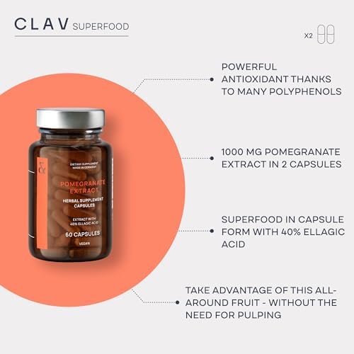 CLAV Pomegranate Extract - 1000mg Daily Dose - 40% Ellagic Acid - Vegan Pomegranate Supplement - Heart & Joint Support - 60 Capsules - Made in Germany