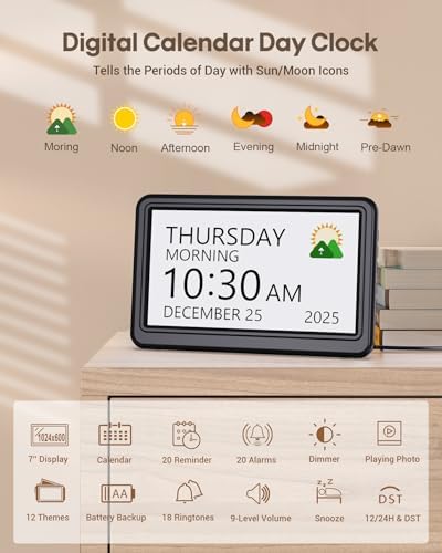 Clock with Day and Date for Elderly, 7" Large Display Digital Calendar Day Clock with 20 Custom Alarms and Medicine Reminders, Dimmable Dementia Alzheimers Clocks for Seniors, Black (Ac Powered)