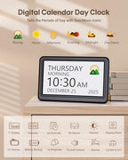 Clock with Day and Date for Elderly, 7" Large Display Digital Calendar Day Clock with 20 Custom Alarms and Medicine Reminders, Dimmable Dementia Alzheimers Clocks for Seniors, Black (Ac Powered)