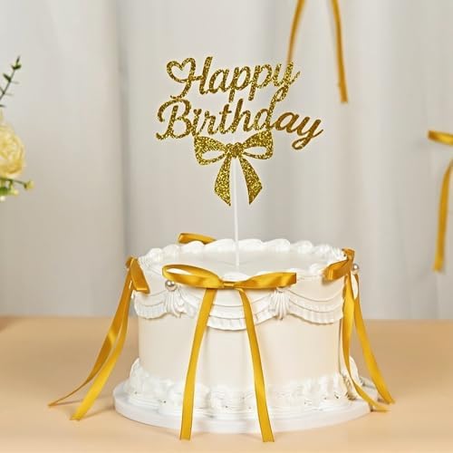 Bow Cake Topper,12 PCS Ribbon Cake Topper with 1PC Happy Birthday Sign for Coquette Birthday Party Decorations,Bowknot Cake Decorations Accessory for Women (Gold)