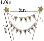 Banner Happy Birthday Cake Topper Ivory Handmade Pennant Flags Garland with Wood Pole Happy Birthday Topper for Cake Party Supplies Decorations (with Gold Star)