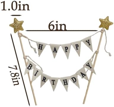 Banner Happy Birthday Cake Topper Ivory Handmade Pennant Flags Garland with Wood Pole Happy Birthday Topper for Cake Party Supplies Decorations (with Gold Star)