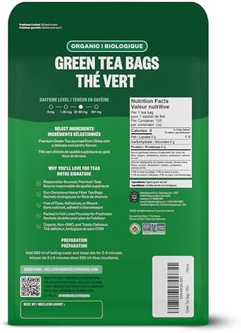 FGO Organic Green Tea, 100 Count Eco-Conscious Tea Bags, Caffeinated, Resealable Pouch, Packaging May Vary (Pack of 1)