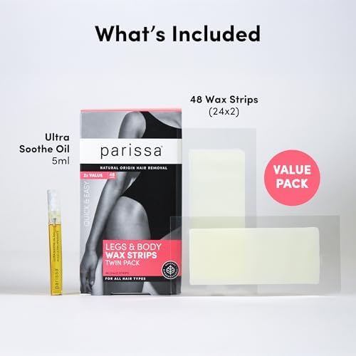 Parissa Natural Legs & Body Wax Strips | Large Ready-to-Use Strips, Beginner-Friendly & Gentle on Sensitive Skin | Includes Post-Wax Ultra Soothe Oil | 48 Strips (24 x 2)