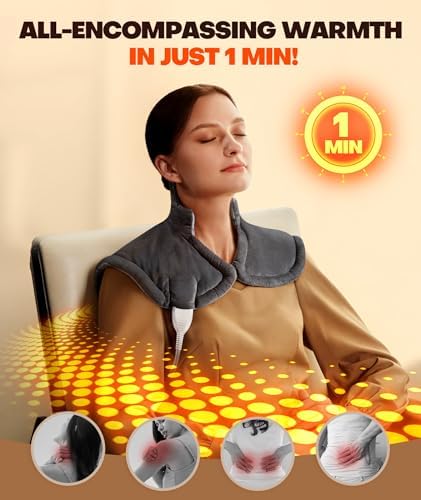Graphene-Infused 1Min Fast Heating Pad, Deeper Relief Weighted Heating Pads for Neck and Shoulders and Back, Heated Wrap with 6 Heat Options 4 Auto Timer, Gifts for Men Women Mom Christmas