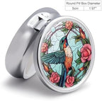 Transparent 3-Compartment Medicine Pill Case, Portable Round Pill Box for Pocket or Purse, Decorative Metal Medicine Vitamin Organizer. (Birds and Flowers)