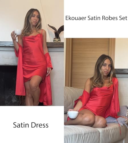 Ekouaer Women's Satin Robe Set Nightgown with Robes Silk Pajama Set 2 Pieces Lingerie Cowl Neck Cami Sleepwear Sets