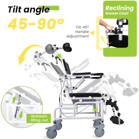 Shower Chair with Soft Seat Cushion, Reclining Shower Chair, Transport Chair Medical Shower Chair, Toilet Chair 300lbs Weight Capacity