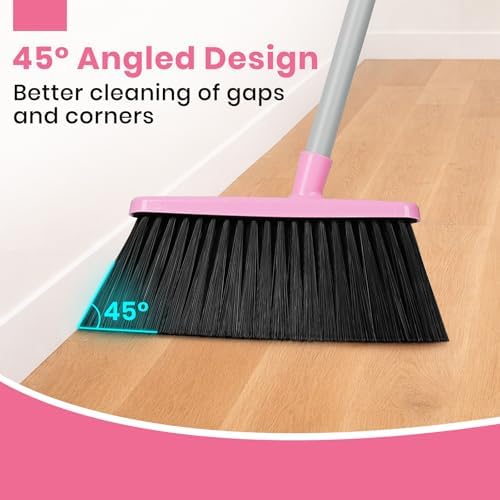 REEWII Pink Broom and Dustpan Set,58” Long Adjustable Handle Small Broom with Stand up Dustpan Combo Set with Dust Pan Teeth,for Indoor Home Office Floor Cleaning
