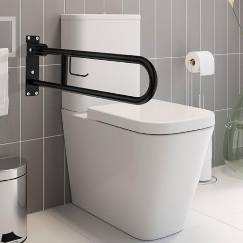 Toilet Grab Bar 30.3 Inch, YuanDe Flip Up Grab Bar with Paper Holder,Matte Black Anti-Slip Safety Bars for Toilet, Stainless Steel Knurled Toilet Handles for Seniors Disabled Elderly Pregnant