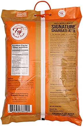 TAJ Signature Sharbati Atta 20-Pounds (Chakki Atta - Stone Ground), 100% Whole Wheat Flour, Chappati Flour