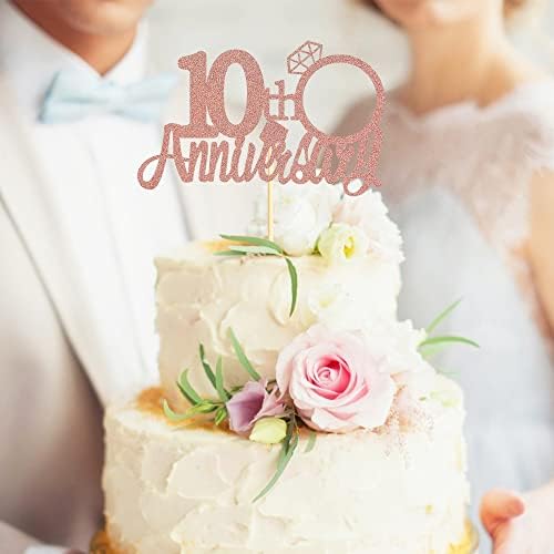 Sumerk 10th Anniversary Cake Topper,13PCS Rose Gold Glitter Cake Toppers Cake Decorations Set for 10th Wedding Anniversary Celebration Party