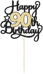 1Pc Happy 90th Birthday Cake Topper Black Gold Glitter Cheers to 90 Years Birthday Cake Pick 90 Fabulous Cake Decoration for Happy 90th Birthday Anniversary Party Cake Decorations Supplies