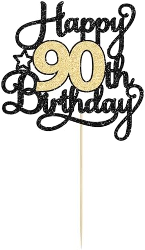 1Pc Happy 90th Birthday Cake Topper Black Gold Glitter Cheers to 90 Years Birthday Cake Pick 90 Fabulous Cake Decoration for Happy 90th Birthday Anniversary Party Cake Decorations Supplies