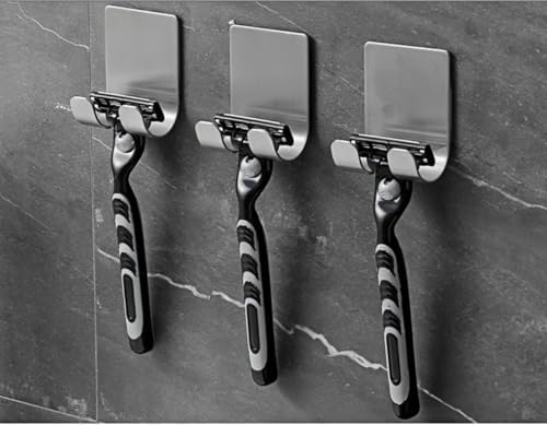 No-Drill Stainless Steel Razor Holder Adhesive Wall-Mounted Shaving Organizer Plug Hook and Storage Rack for Bathroom and Kitchen Silver 4pcs 2