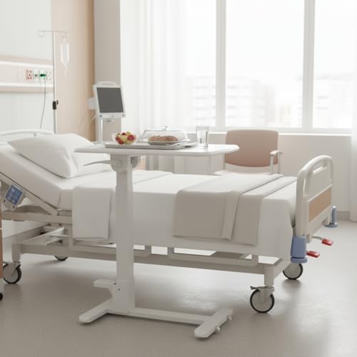 Mount-It! Foldable Overbed Table with Wheels – Height Adjustable Rolling Bedside Table, No Assembly Required, Ultra-Low Profile Base Fits Under Beds & Sofas, for Home and Hospital Use