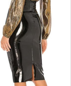 Womens High Waist Latex Leather PVC Midi Skirt Elegant Slit Office Lady Pencil Skirt Pu Knee Length Skirt