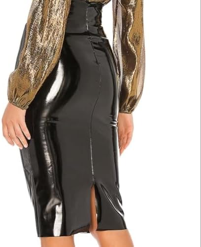 Womens High Waist Latex Leather PVC Midi Skirt Elegant Slit Office Lady Pencil Skirt Pu Knee Length Skirt