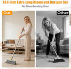 Upgrade Broom and Dustpan Set 180° Rotatable Head with 61" Extra Long Adjustable Handle Self-Cleaning Dustpan Teeth&Zero Gap Indoor Outdoor Sweeping for Home Kitchen Office Pet Hair-Gray&Yellow