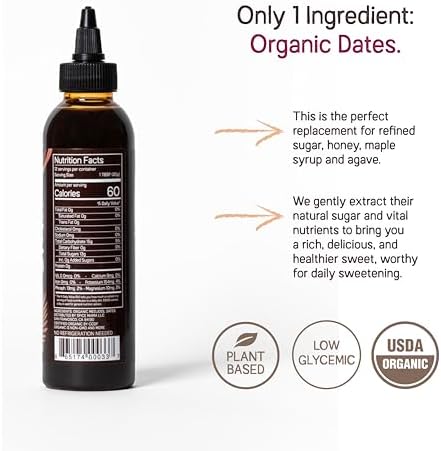 Just Date Syrup : Organic Date Sweetener | One 8.8 OZ Squeeze Bottle I Low-Glycemic, Vegan, Paleo | 1 Ingredient : 100% Organic Medjool Dates