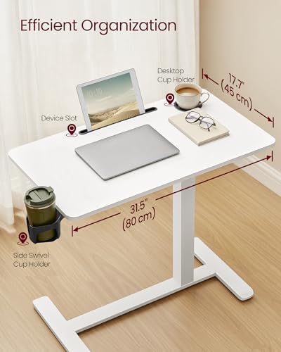 VASAGLE Overbed Table with Wheels, Mobile Standing Computer Desk, 31.5 x 17.7 Inches Tabletop, Adjustable Height, 2 Cup Holders, Phone and Tablet Slot, Cloud White ULSD601W01