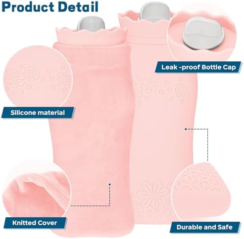 Silicone Hot Water Bottle with Cover - 650ml Hot Water Bag for Hot & Cold Therapies, Microwaveable Leakproof Hot Water Bottle for Keeping Hand Feet Warm - Gift for Kids Adults Elderly in Winter(Pink)