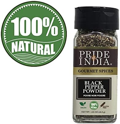 Pride of India – Black Pepper Ground – Ideal for Gourmet Dishes/Soups/Stews/Rubs – Fresh & Preservatives Free – Warming Spice – Easy to Use – 1.65 oz. Small Dual Sifter Jar