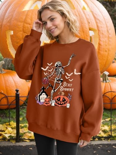 Halloween Sweatshirt for Women Oversized Dancing Skeleton Shirt Spooky Skull Graphic Pullover Pumpkin Gift Top