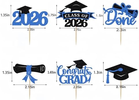 2026 Graduation Cupcake Toppers, 36 pack Blue Glitter Class of 2026 Congrats Grad Diploma Grad Cap Cupcake Picks for 2026 Graduation Party decorating Supplies